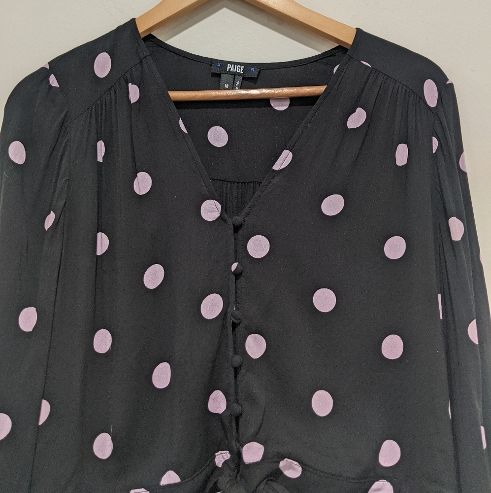 Paige Black Crop Tie Blouse with Purple Polka Dots - Picture 3 of 9